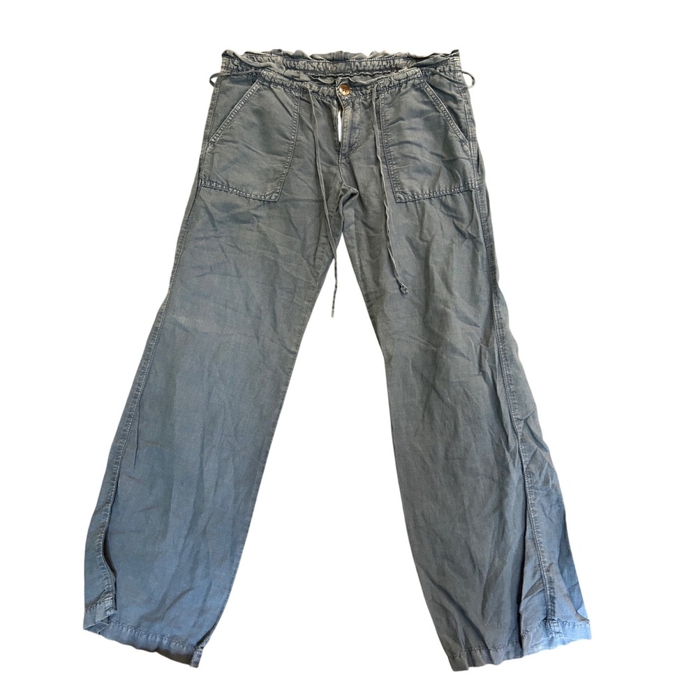American Eagle Linen Drawstring Wide-Leg Pants Washed Blue Utility Pocket